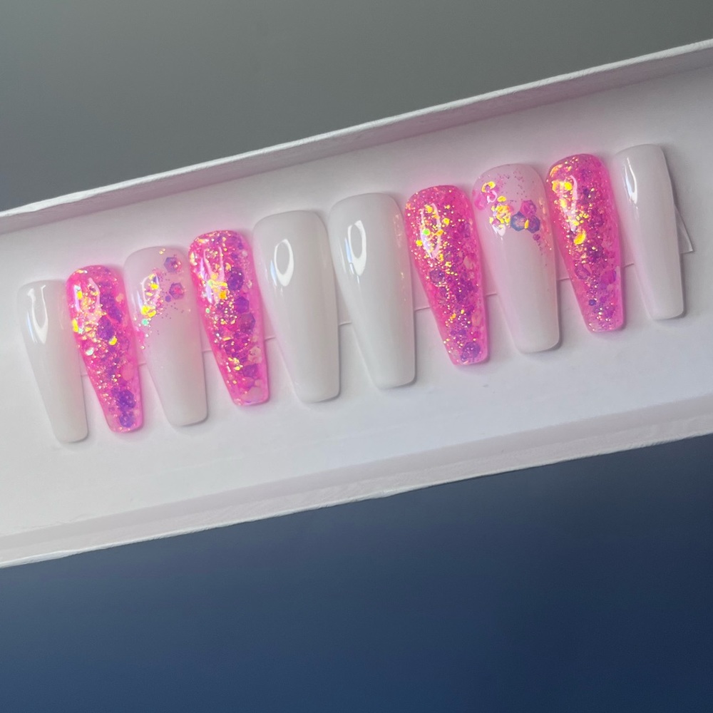 hot pink glitter nails, handmade milky white nails, neon pink coffin nails